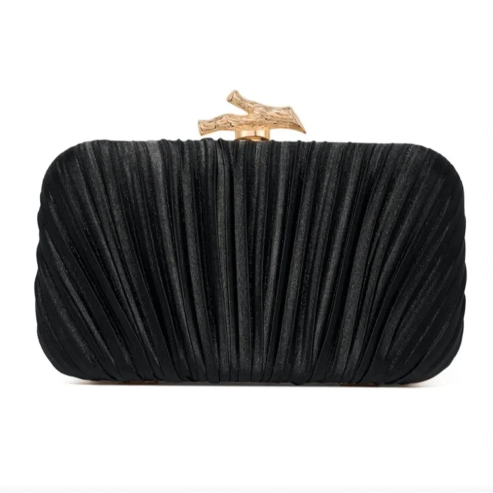 Elegant Black Pleated Evening Clutch with Gold Chain